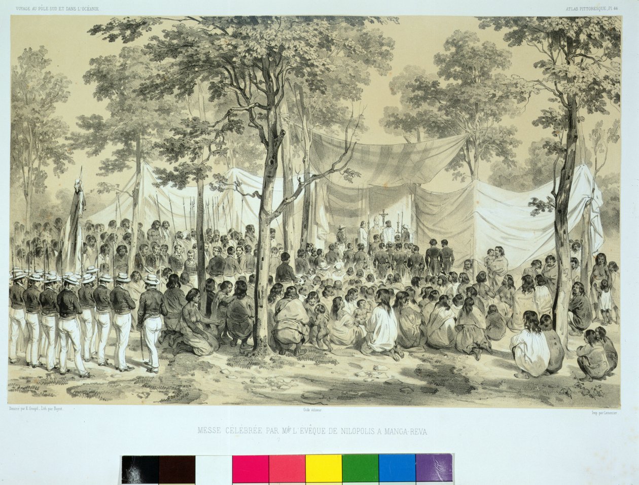 A Nilopolis püspöke által Manga-Reva-ban tartott híres misé képe az „Utazás a világ körül a Vénusz fregattján, 1836-39” című művéből, Bayot metszete, 1841 alkotó: Ernest Auguste Goupil