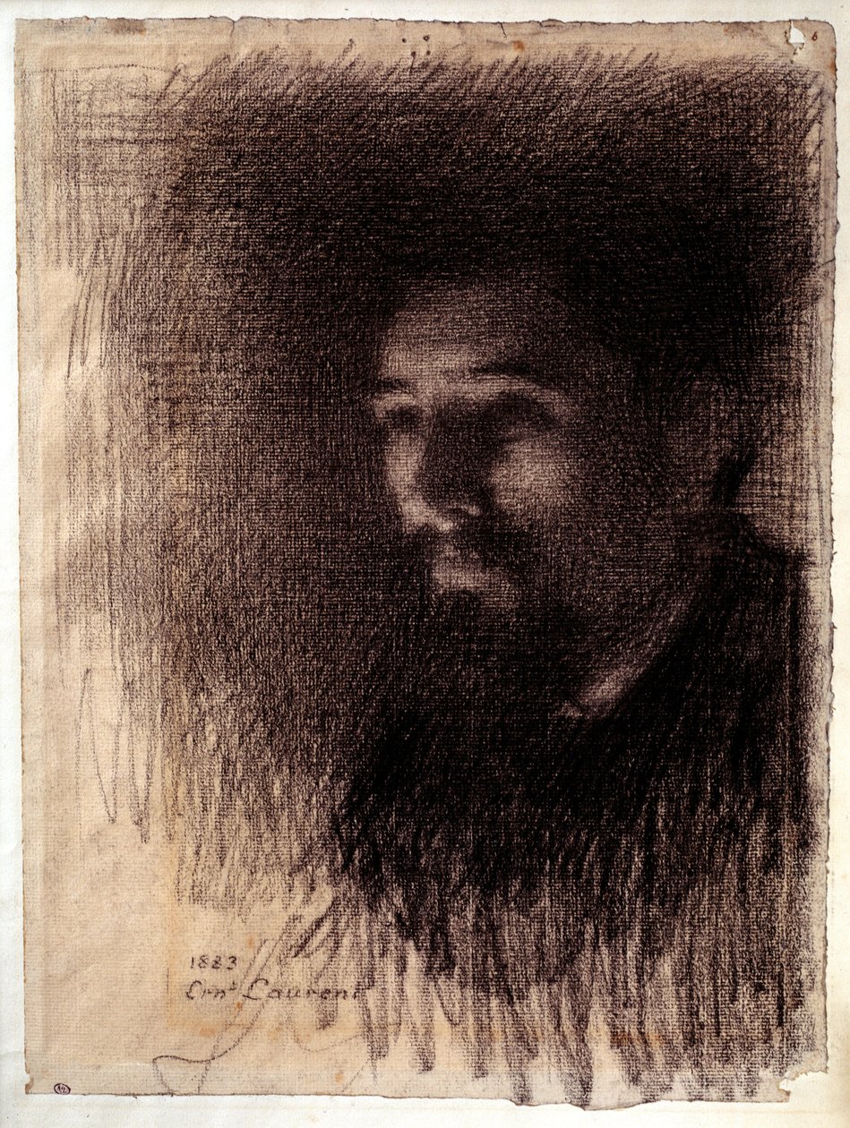 Georges Pierre Seurat festő portréja. Laurent Ernest (1858-1929) szénrajza fehér papírra alkotó: Ernest Joseph Laurent