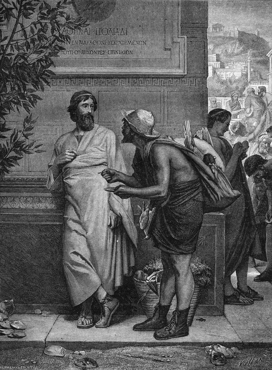 Ostracizmus az ókori Görögországban: „Aristide és a paraszt””. Egy írástudatlan paraszt, aki nem ismeri fel az athéni államférfit, az Igazságos Arisztidot, kiközösítéssel támad, megkéri, hogy írja rá a nevét egy szárra. Metszet Eugene Erne festménye után alkotó: Ernest Hillemacher