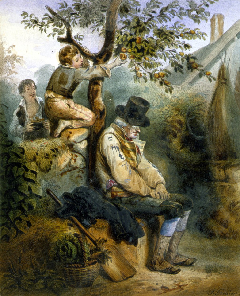 Almát lopó gyerekek az alvó farmer orra alatt – Grenier litográfiája, v.1840 alkotó: Ernest (after) Grenier