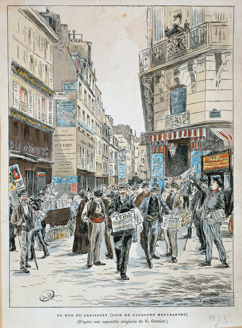Franciaország, Párizs, Újságárus a rue du Croissant-ban a párizsi rue du Faubourg Montmartre sarkán, Ernest Grenier, Nyomtatás akvarellről alkotó: Ernest (after) Grenier