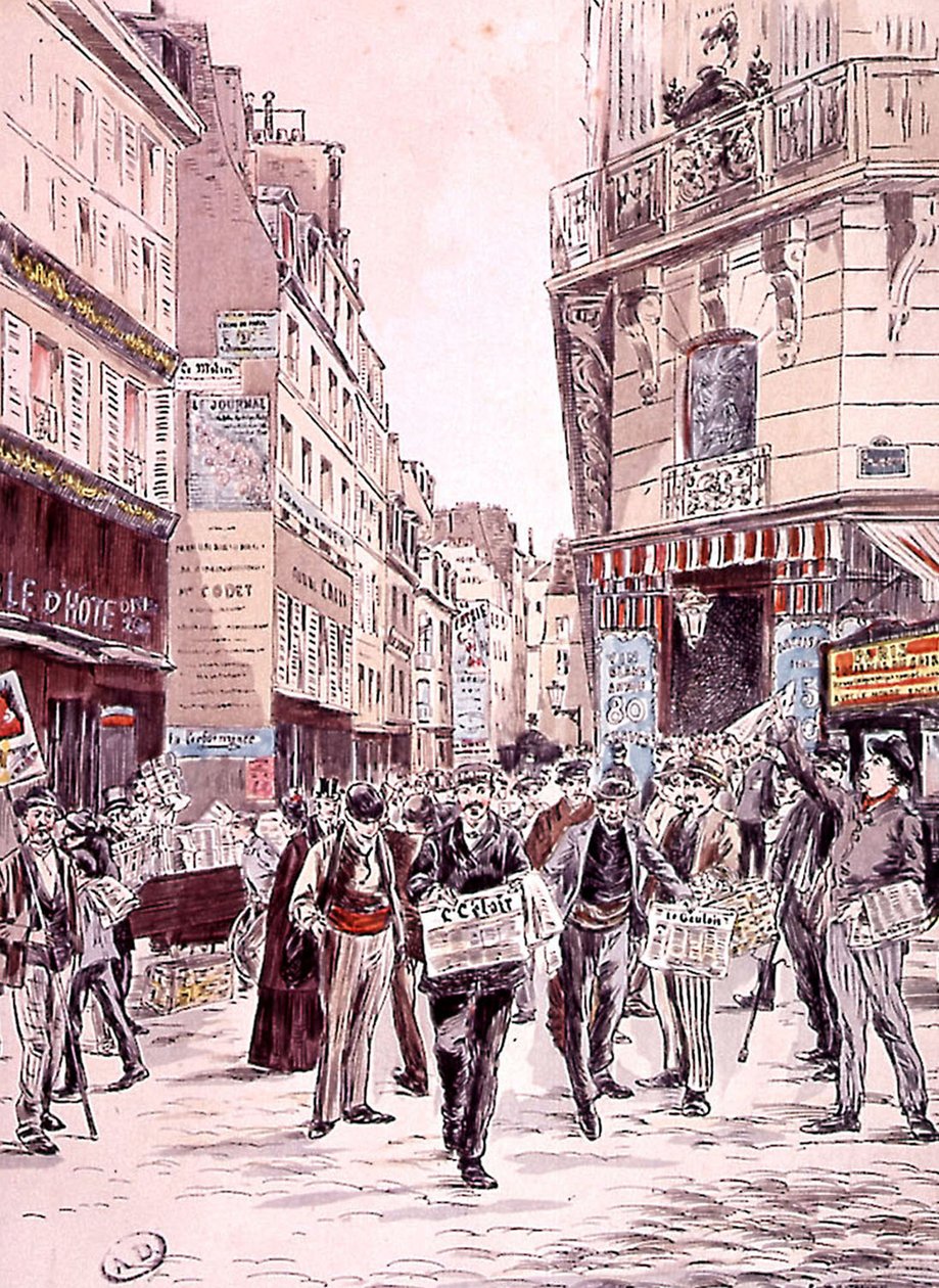 hírárusok Párizs utcáin 1893-ban, metszet alkotó: Ernest (after) Grenier