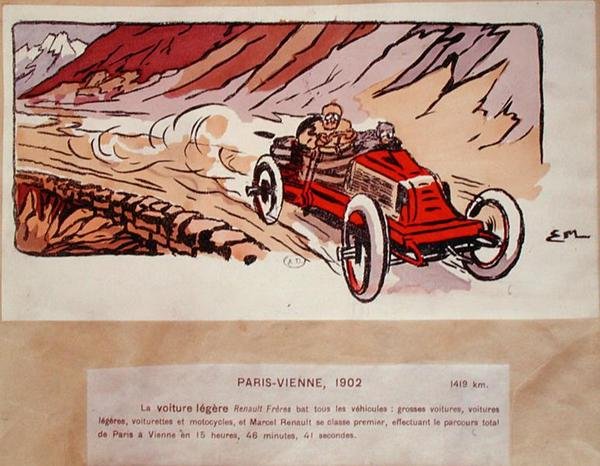 Marcel Renault (1872-1903) Renault Freresével, 1902-ben a Párizs-Bécs ralin versenyzett, 1910 körül (színes litó) alkotó: Ernest (after) Montaut