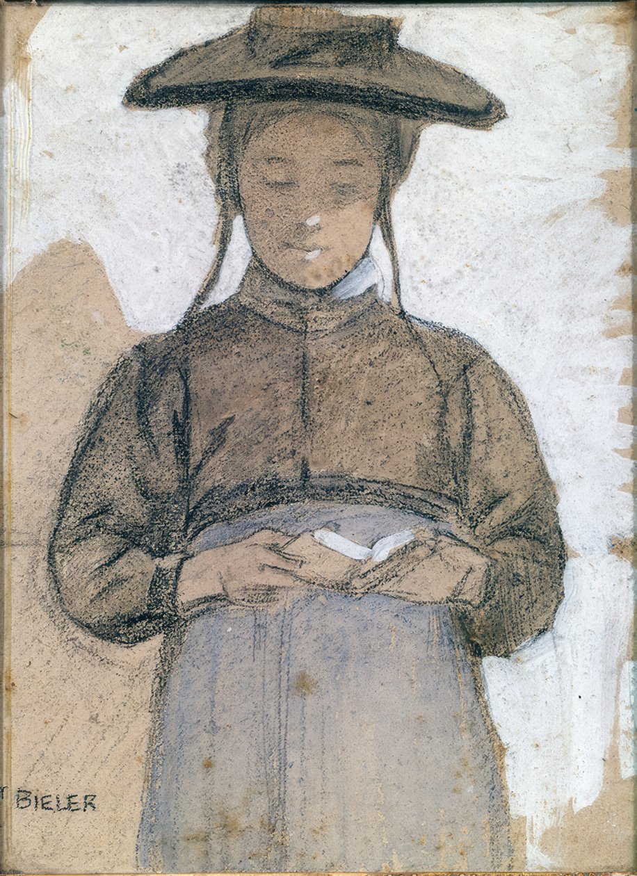 Fiatal valais-i nő olvassa a misekönyvét alkotó: Ernest Bieler