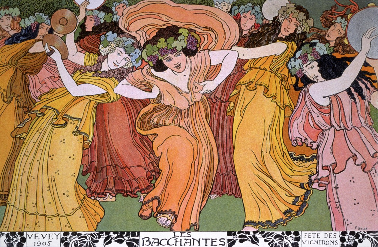 Borászok lakomáznak a franciaországi Veveyben: a Bacchantes alkotó: Ernest Bieler