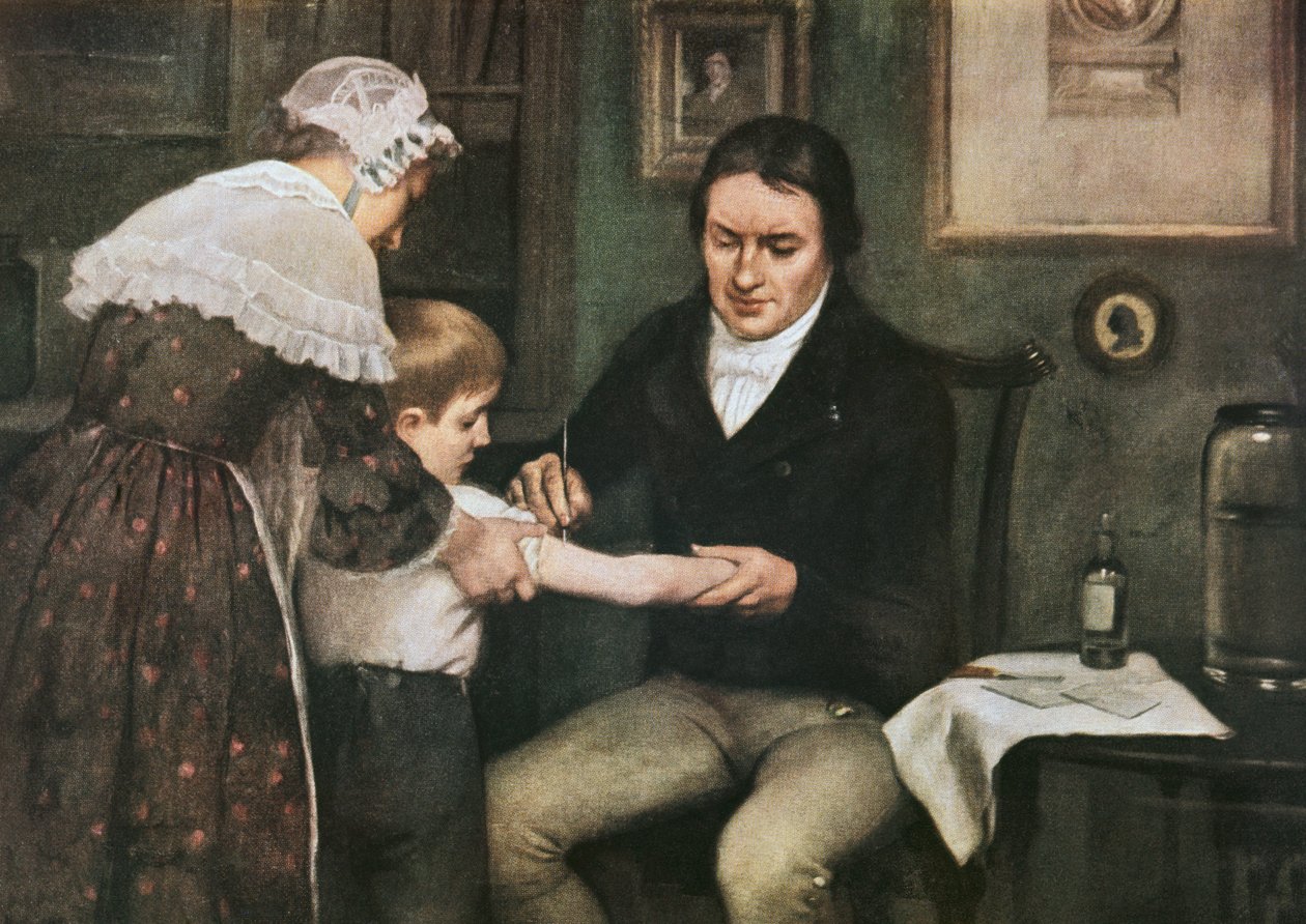 Dr. Edward Jenner (1749-1823) első oltását végezte a himlő ellen James Phippsen, nyolcéves fiún, május 14-én alkotó: Ernest Board