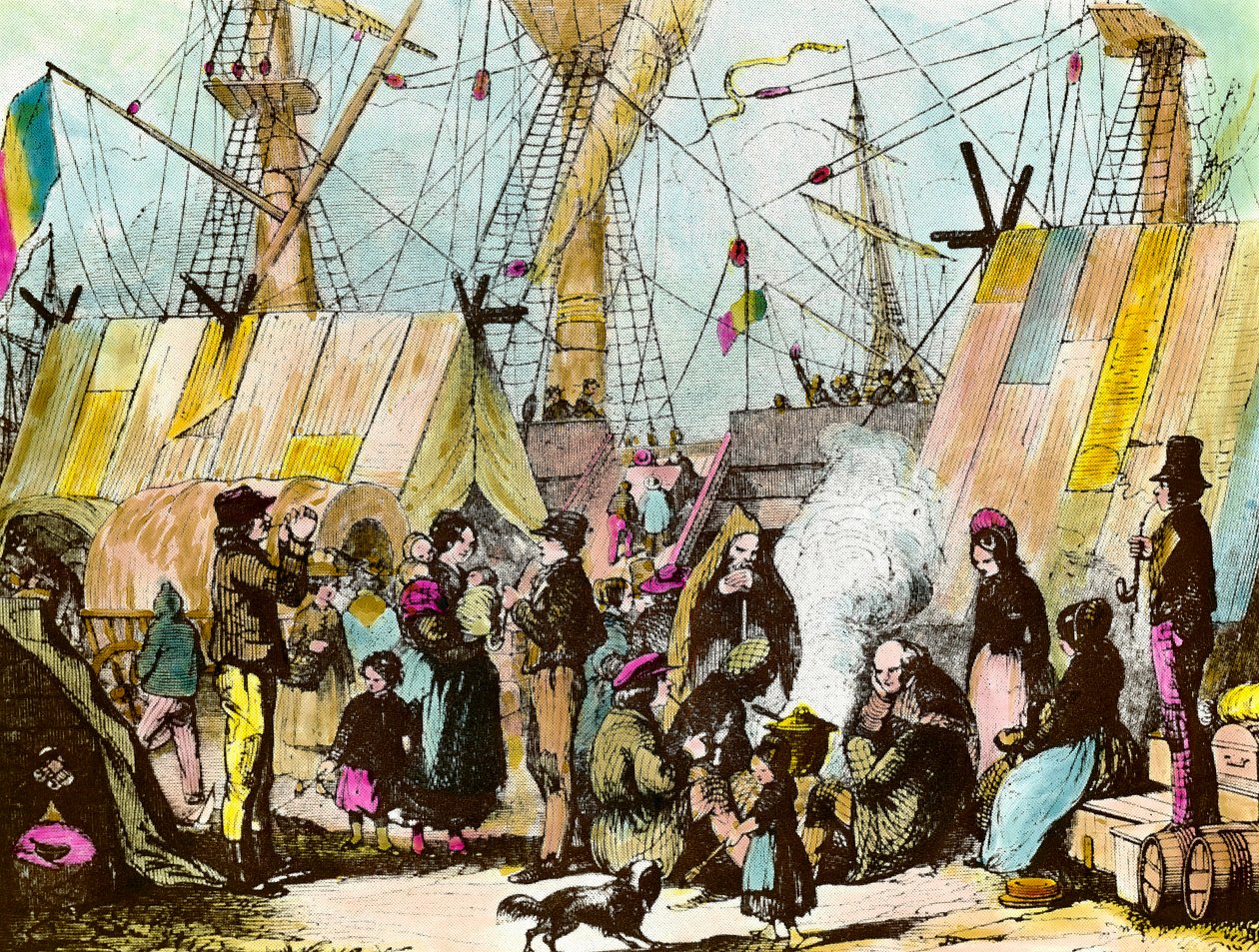 Kivándorlók családjai táboroztak Le Havre kikötőjében. Ernest Charton metsze (1813-1905) Metszet a 19. századi magángyűjteményből alkotó: Ernest Charton