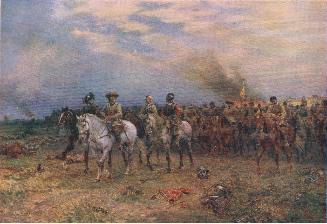 Cromwell Marston Moorban, illusztráció a Waverley által kiadott The History of the British People című könyvből, 1940 körül (színes litográfia). alkotó: Ernest Crofts
