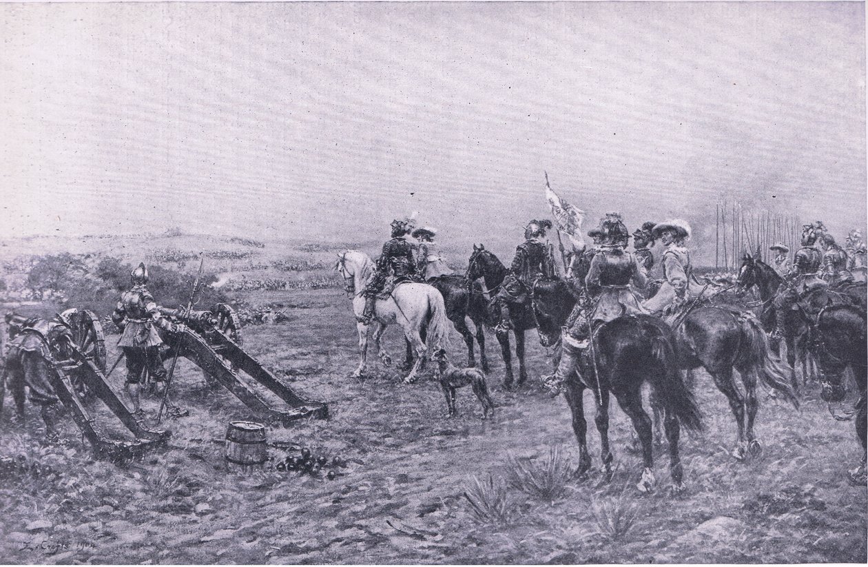 Rupert herceg a marstoni csatában, 1644. július 2., illusztráció a brit szárazföldi és tengeri csatákból, 1915 alkotó: Ernest Crofts