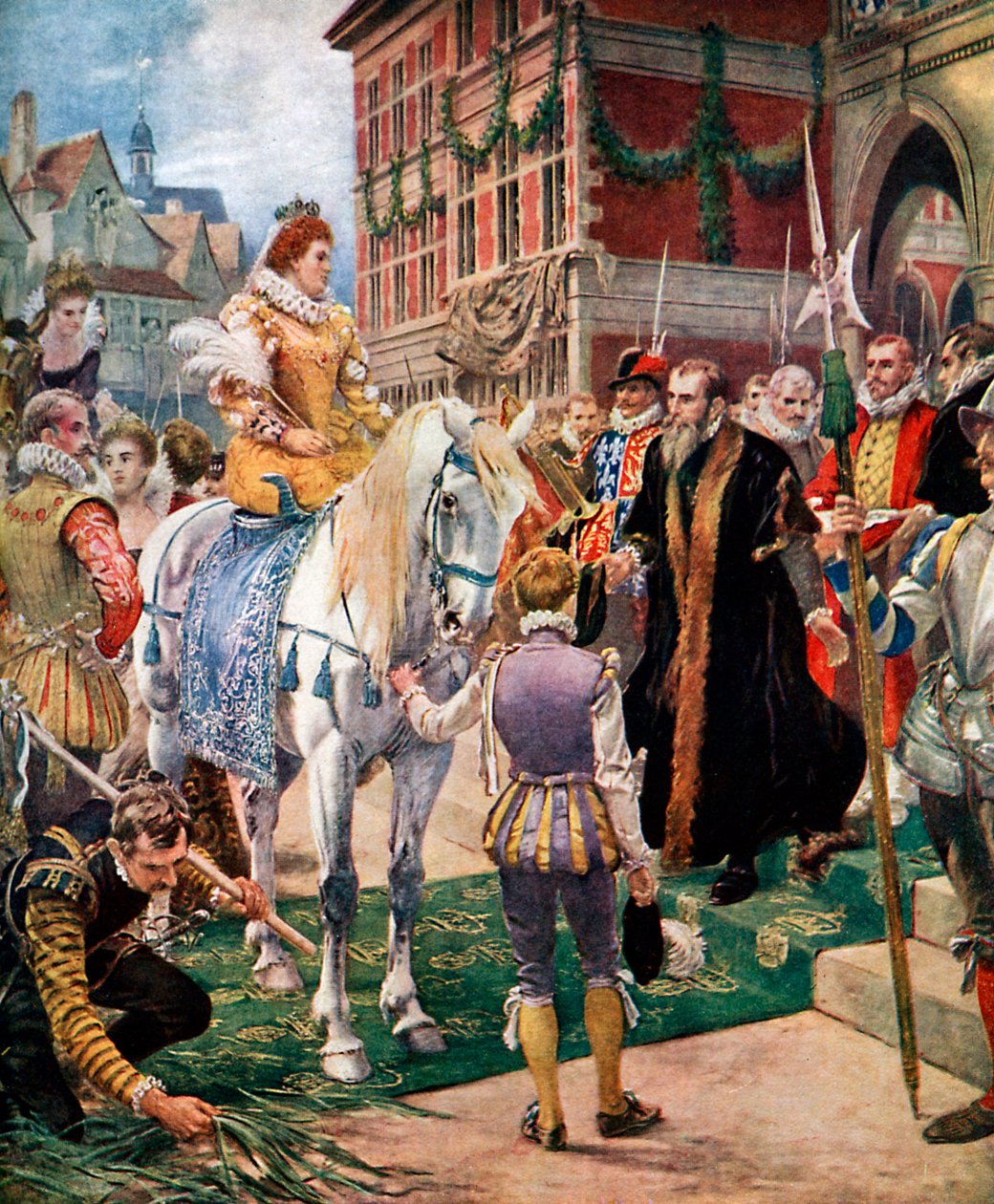 Erzsébet királynő megnyitja a királyi börzét 1570-ben, 1920 körül. alkotó: Ernest Crofts