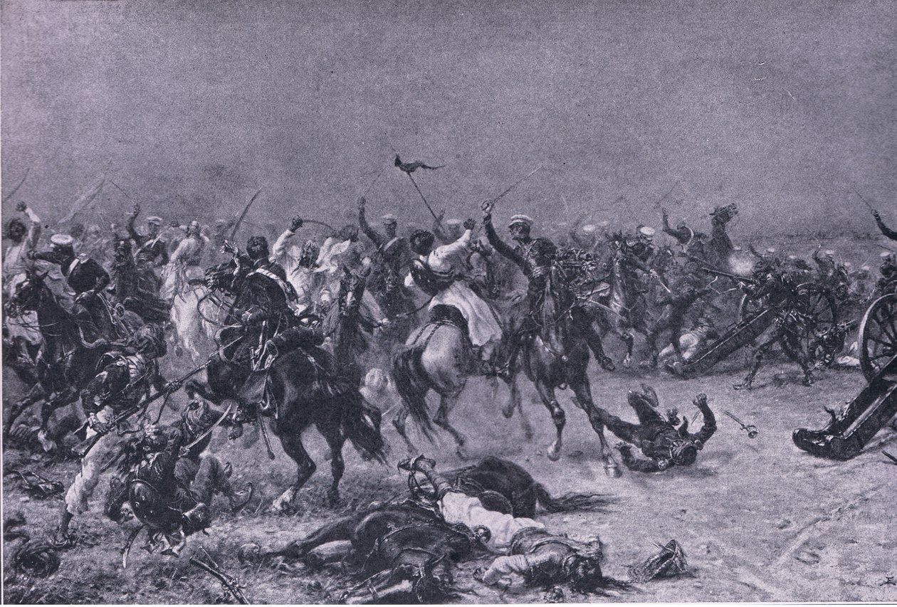 A Kings Own Light Dragoons rohama Mudkiban, illusztráció a brit csaták szárazföldön és tengeren című filmből, 1915 alkotó: Ernest Crofts
