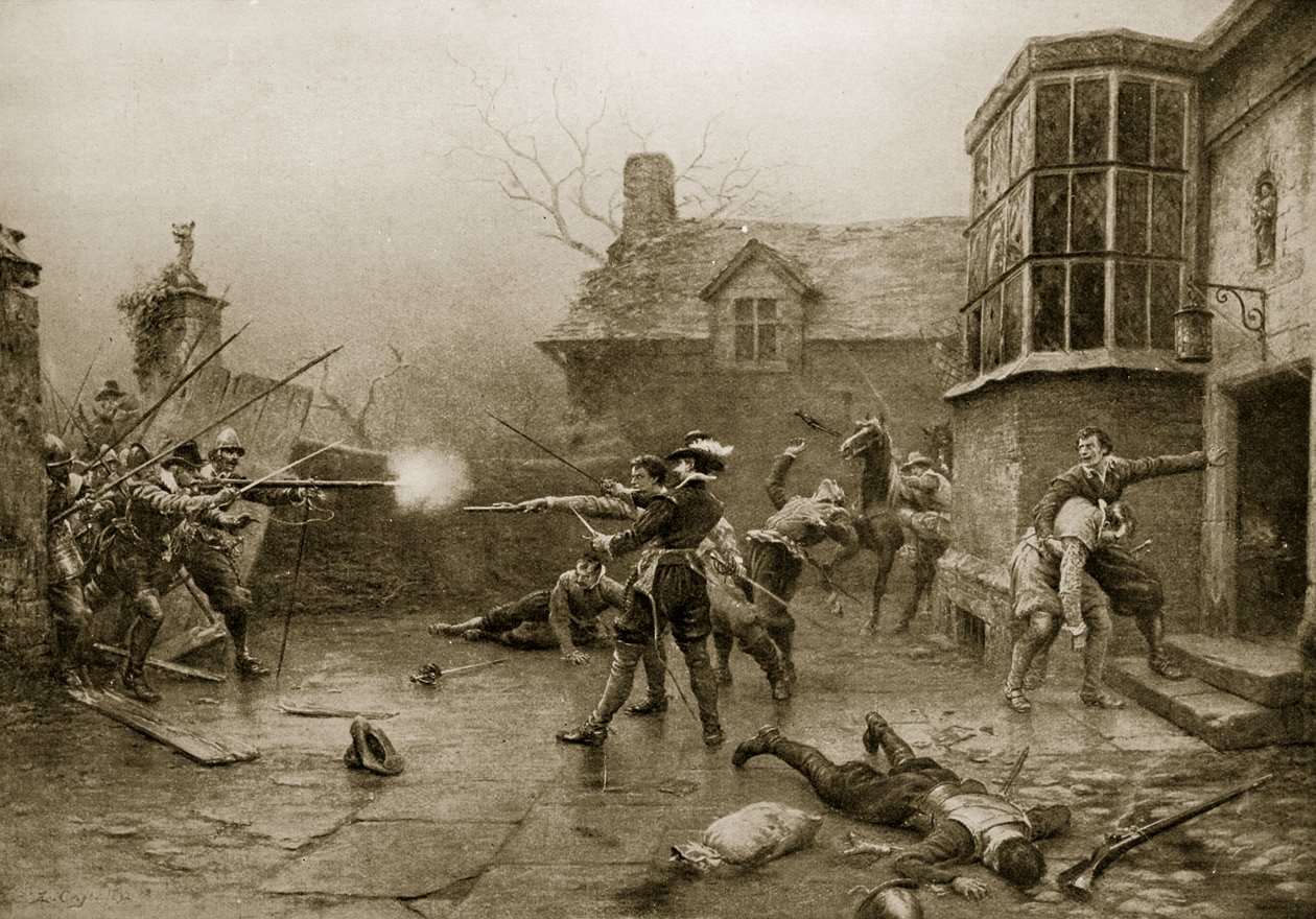 A Lőpor-összeesküvők utolsó standja, 1606, illusztráció a Hutchinson történetéből a brit nemzetről, 1923 körül alkotó: Ernest Crofts