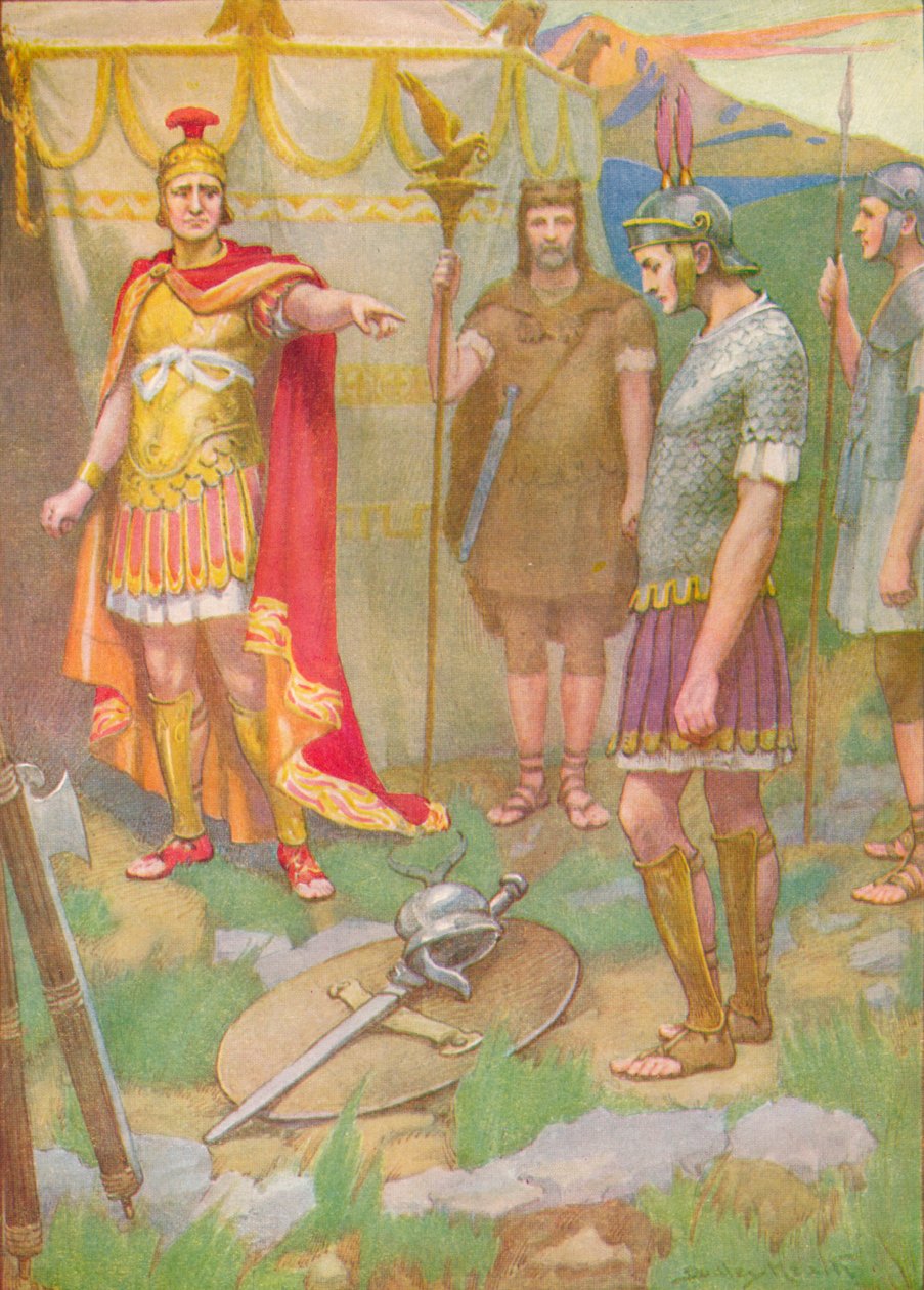 „A fiatal az apja lábai elé tette fegyvereit, amelyeket ellenségétől elvett”, c1912 1912 alkotó: Ernest Dudley Heath