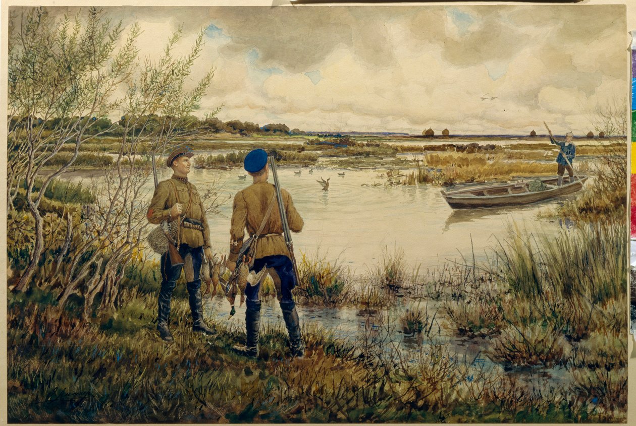 Visszatérés a vadászatról - (vadászok felszerelésükkel, tóparton állnak, csónakon társat várnak, horgászvadért felelős, kacsák) - Visszatérés a vadászatról - Ernest Ernestovich Lissner (1874-1941) munkája , aq alkotó: Ernest Ernestovich Lissner