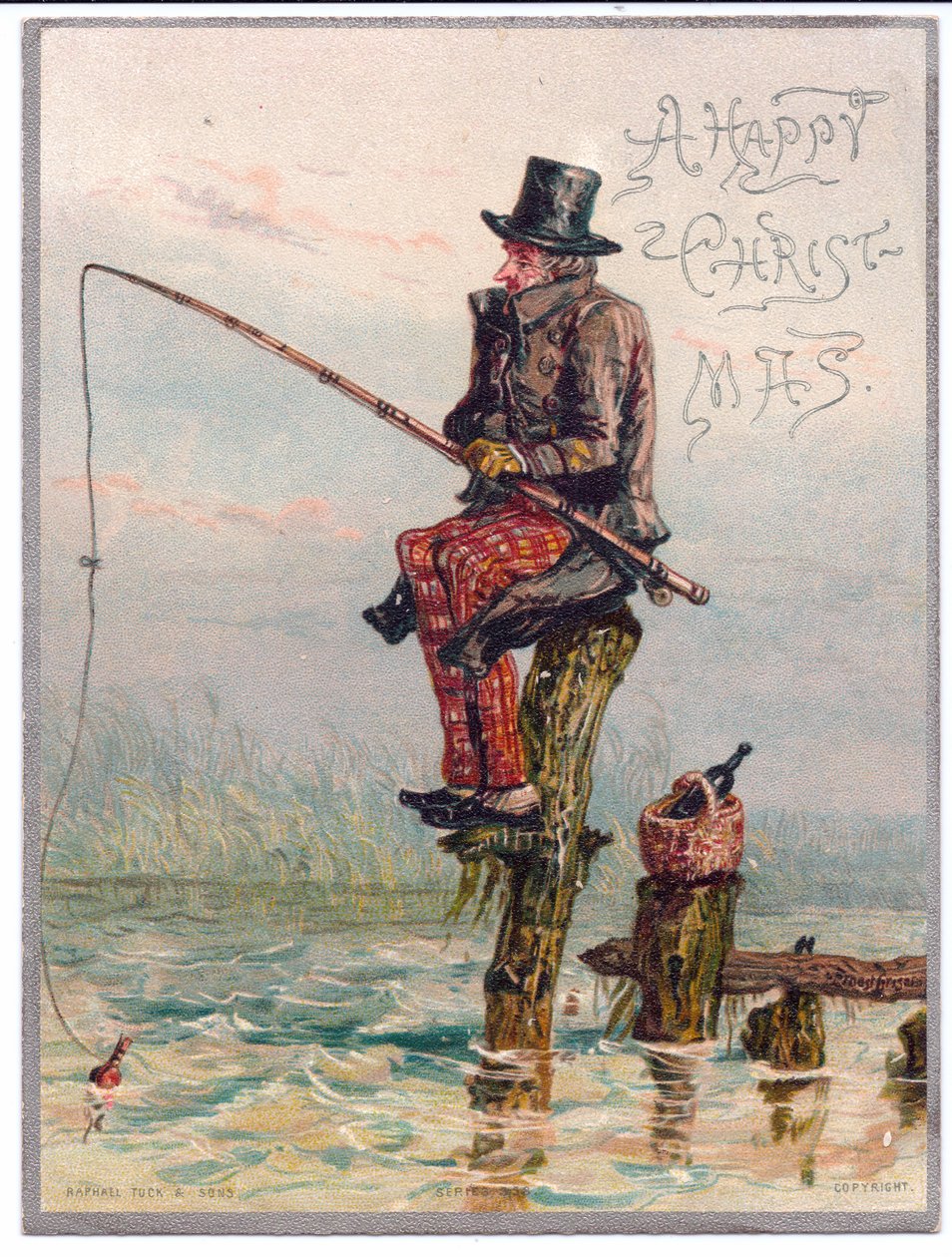 Egy viktoriánus karácsonyi üdvözlőlap egy viktoriánus férfiról, aki egy fatönkön ül és horgászik, 1880 körül alkotó: Ernest Henry Griset