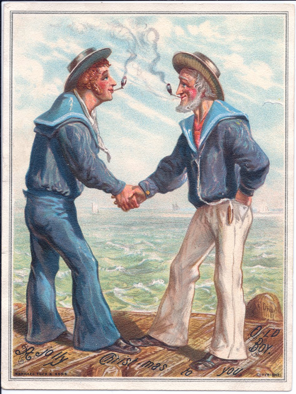 Viktoriánus karácsonyi üdvözlőlap két tengerészről, akik agyagpipákat szívnak és kezet ráznak, 1880 körül (színes litó) alkotó: Ernest Henry Griset