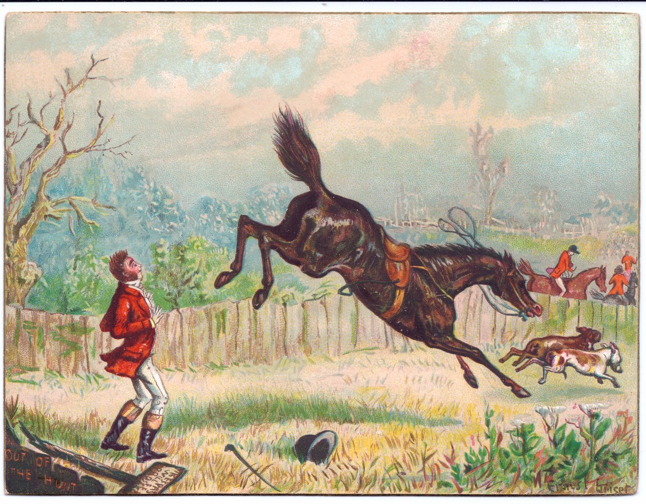 Egy viktoriánus üdvözlőlap egy rókavadászatról egy magányos lóval, aki elszáguldozik, és otthagyja a vadászt, 1880 körül alkotó: Ernest Henry Griset