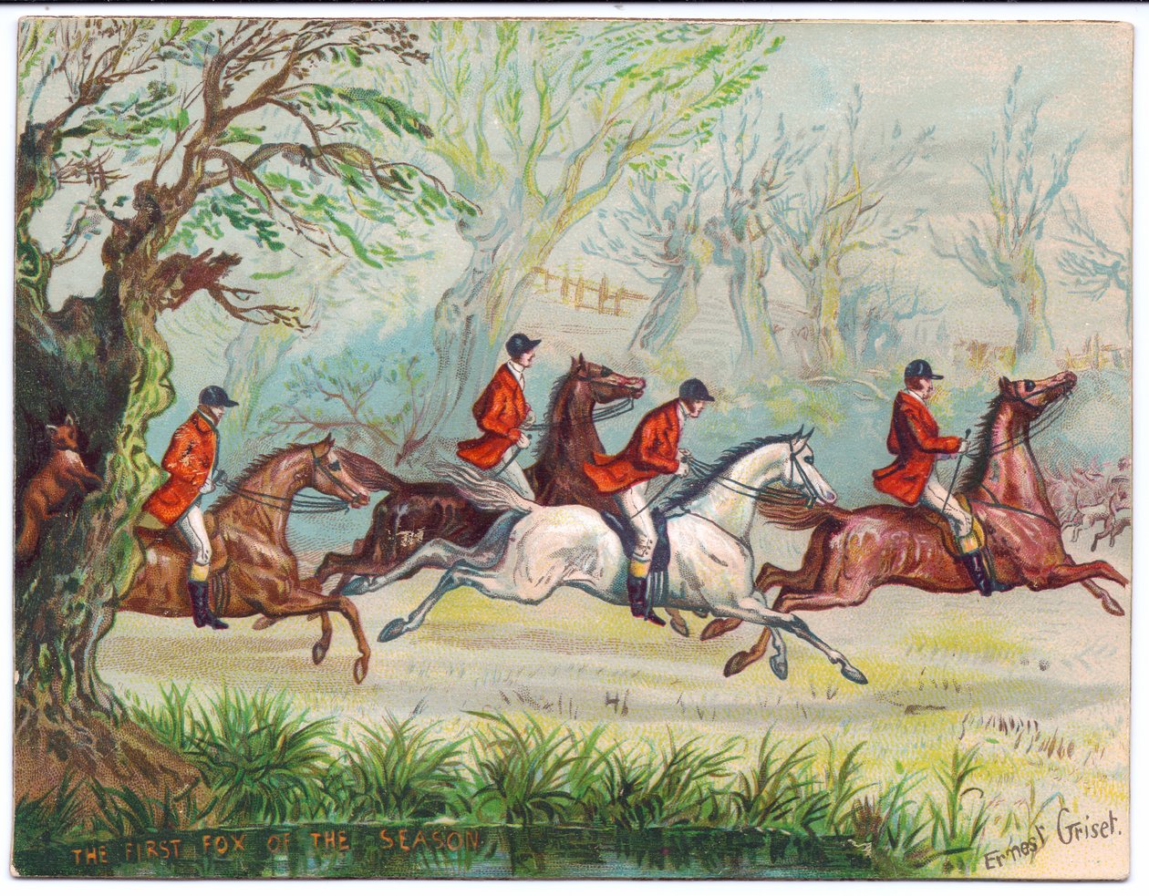 Viktoriánus üdvözlőlap rókavadászokról, akik száguldanak mellette, miközben a róka elbújik egy fában, 1880 körül alkotó: Ernest Henry Griset
