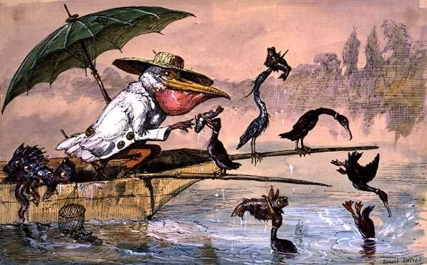 Kormoránok, akik halat mutatnak be egy pelikánnak esernyő alatt, a „The Dream of the Fisherman” című filmből (toll, tus és akvarell) alkotó: Ernest Henry Griset