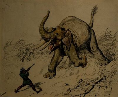 Elephant Shoot (toll és tinta, akvarell papíron) alkotó: Ernest Henry Griset