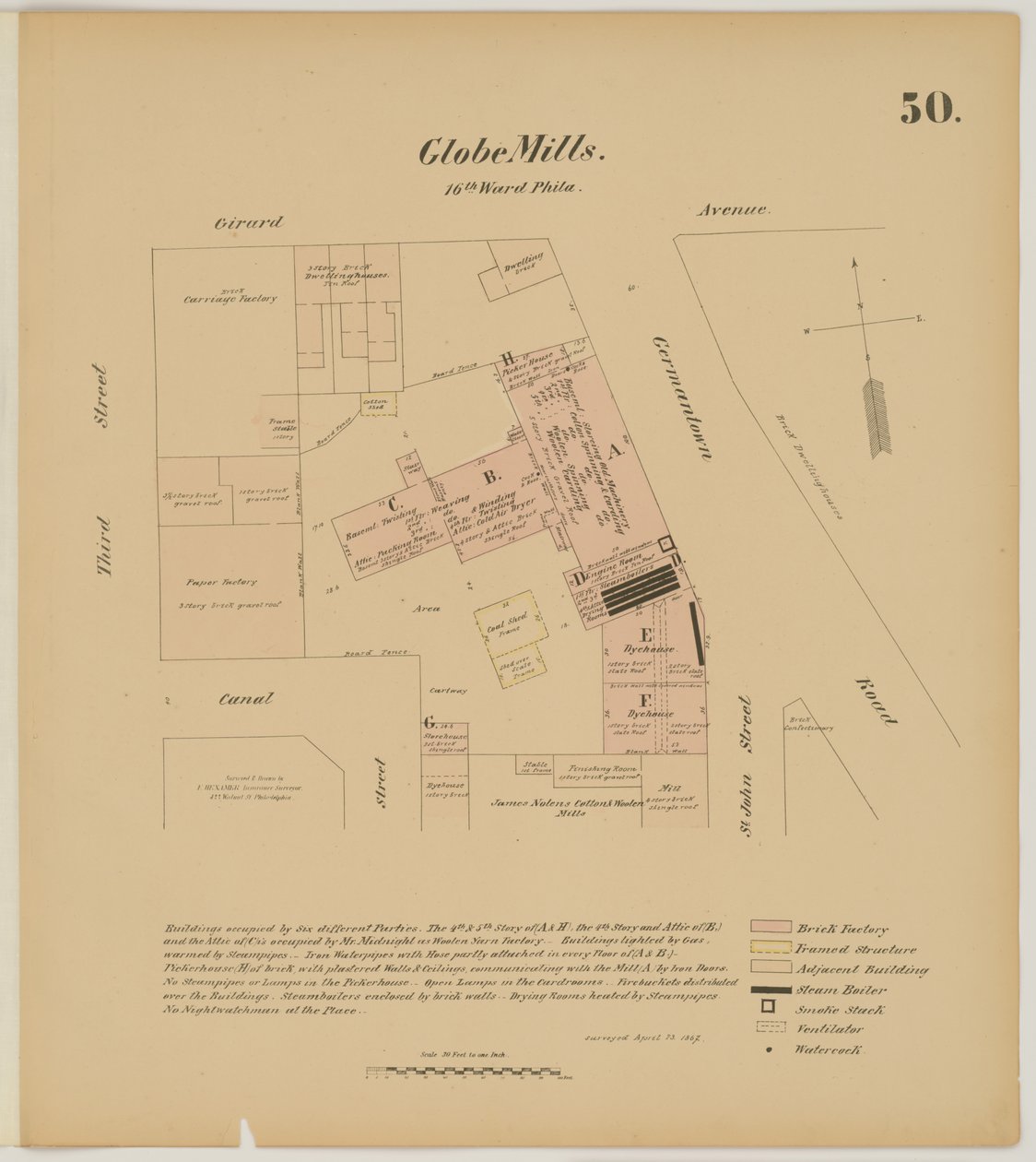 Girard Ave, Germantown Rd, 3rd St és Canal Street, Hexamer általános felmérések, 1867 alkotó: Ernest Hexamer
