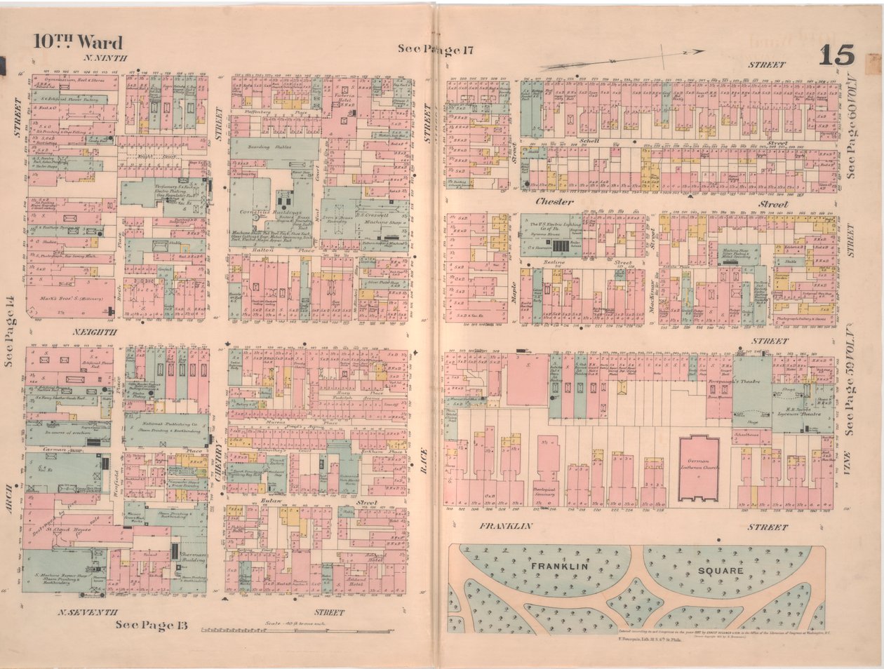 Philadelphia városának biztosítási térképe; 2. kötet, 15. tábla, 1887 (kézzel színezett metszet) alkotó: Ernest Hexamer