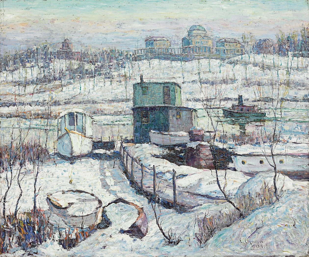 Csónakház, tél, Harlem folyó alkotó: Ernest Lawson