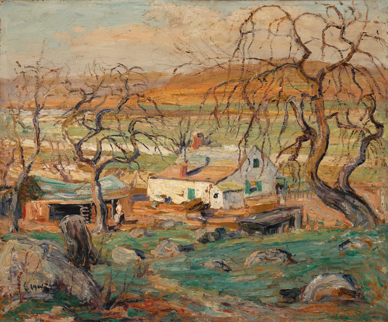Táj göcsörtös fákkal (olaj, karton) alkotó: Ernest Lawson