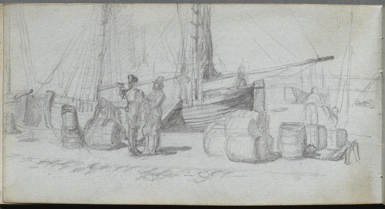 Vázlatfüzet, 50. oldal: Csónakok, figurák, rakomány a tengerparton. alkotó: Jean Louis Ernest Meissonier