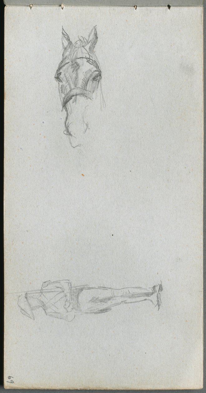 Vázlatfüzet, 69. oldal: Tanulmányozás egy kézről, egy lóról és egy figuráról. alkotó: Jean Louis Ernest Meissonier