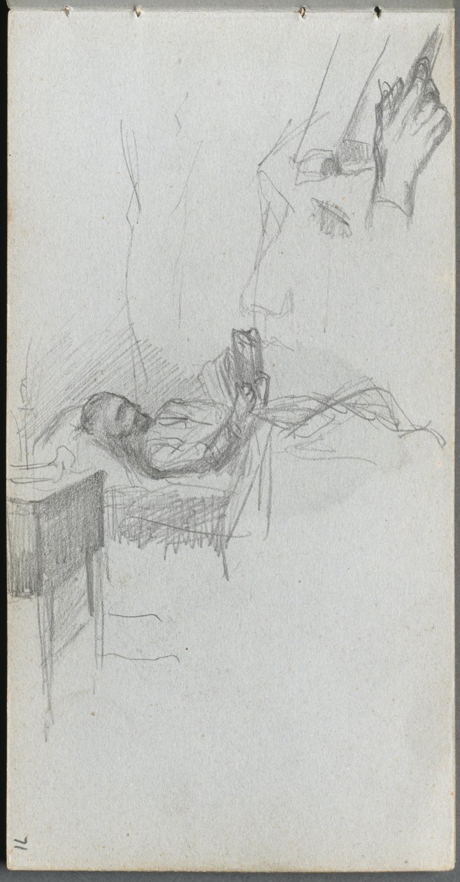Vázlatfüzet, 71. oldal: Ágyban olvasás tanulmányozása, kéz tanulmányozása. alkotó: Jean Louis Ernest Meissonier