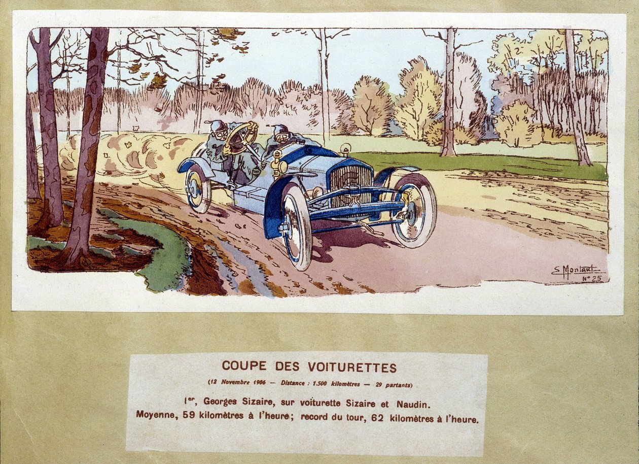 Autóverseny: a kocsik vágása 1906-ban - Ernest Montaut (1878-1909) rajza. alkotó: Ernest Montaut