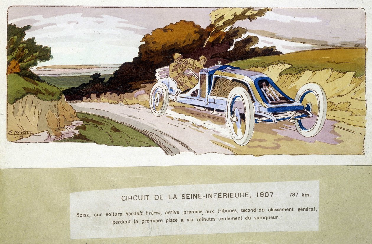 Circuit de la Seine-Inèrieure, Szisz autóval Renault Frères, első lett a lelátón, második az összetettben, mindössze hat percre elveszítve az 1. helyet a győztestől. alkotó: Ernest Montaut