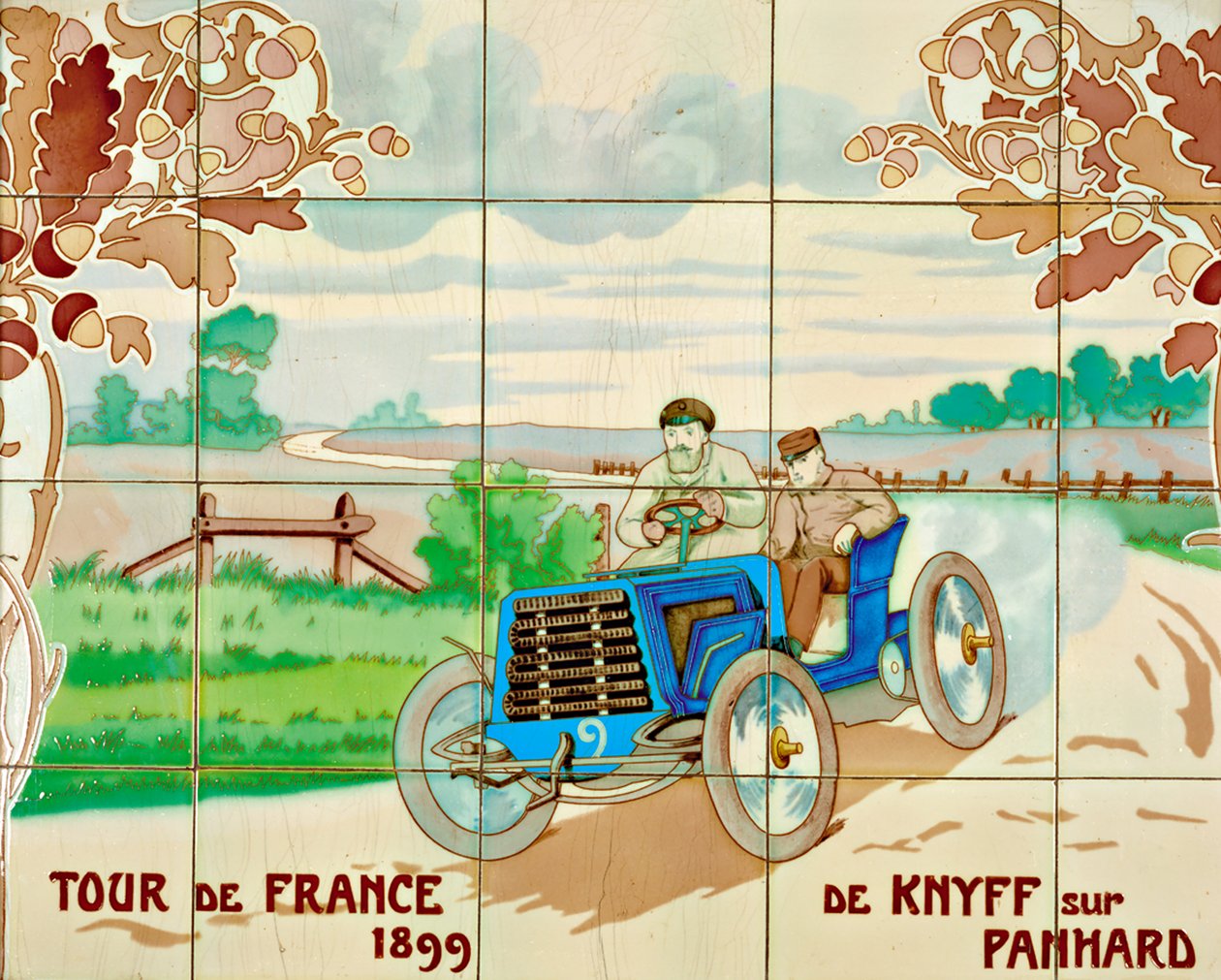 De Knyff egy Panhard autóval az 1899-es Tour de France-on: a párizsi Gilardoni Fils et Cie által gyártott kerámiacsempe, Ernest Montaut (1878-1909) rajza után. alkotó: Ernest Montaut