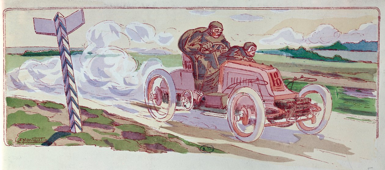 Henri Fournier Mors-jában a Párizs-Berlin rallyn versenyzett 1901-ben, 1910 körül alkotó: Ernest Montaut