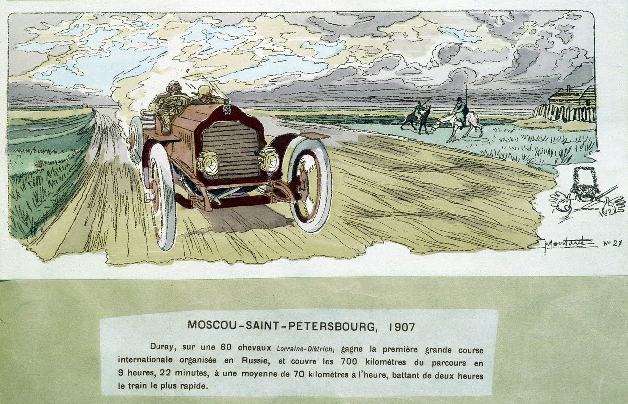 Motorverseny: Moszkva - Szentpétervár, 1900 körül - Ernest Montaut (1878-1909) rajza. alkotó: Ernest Montaut