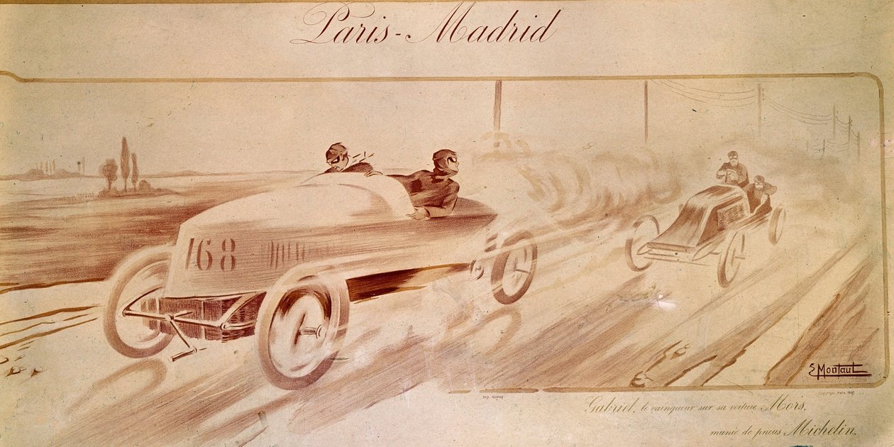 Motorverseny: „Paris Madrid”: Gabriel győztes a Michelin gumikkal felszerelt Morson „” Illusztráció 1903 alkotó: Ernest Montaut