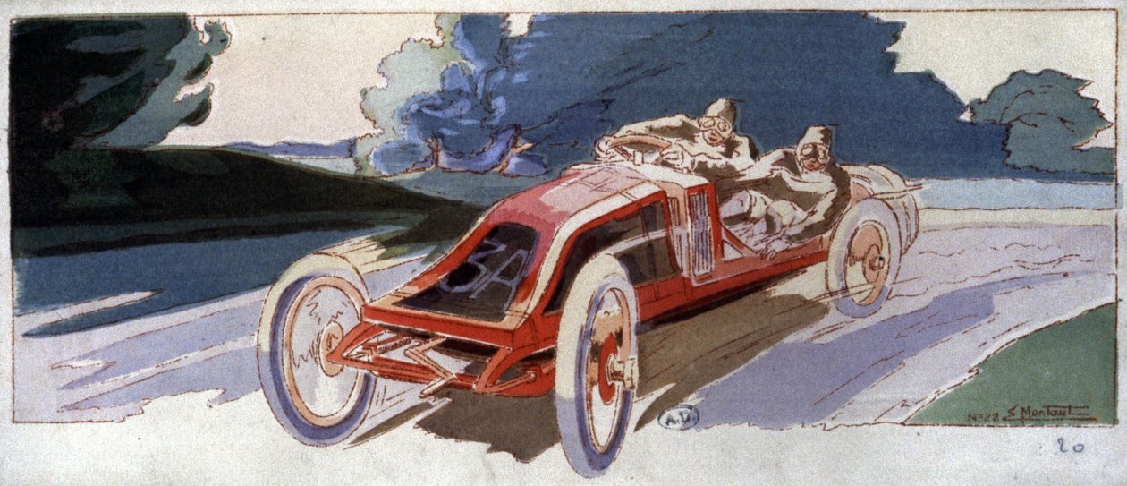 Szisz a Renault autón, az ACF Grand Prix győztese, c. 1910 (illusztráció) alkotó: Ernest Montaut