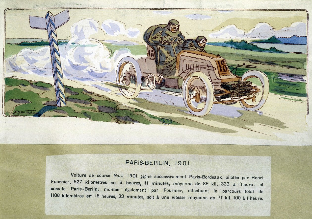 A Párizs - Berlin verseny 1901-ben, Ernest Montaut (1878-1909) rajza. alkotó: Ernest Montaut