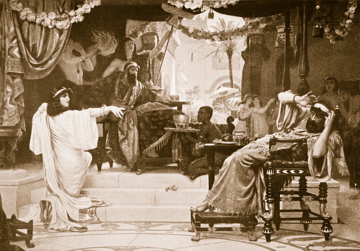 Eszter elítéli Hámánt, illusztráció a „Hutchinsons History of the Nations” című filmből, 1910 körül (szépia nyomtatás) alkotó: Ernest Normand