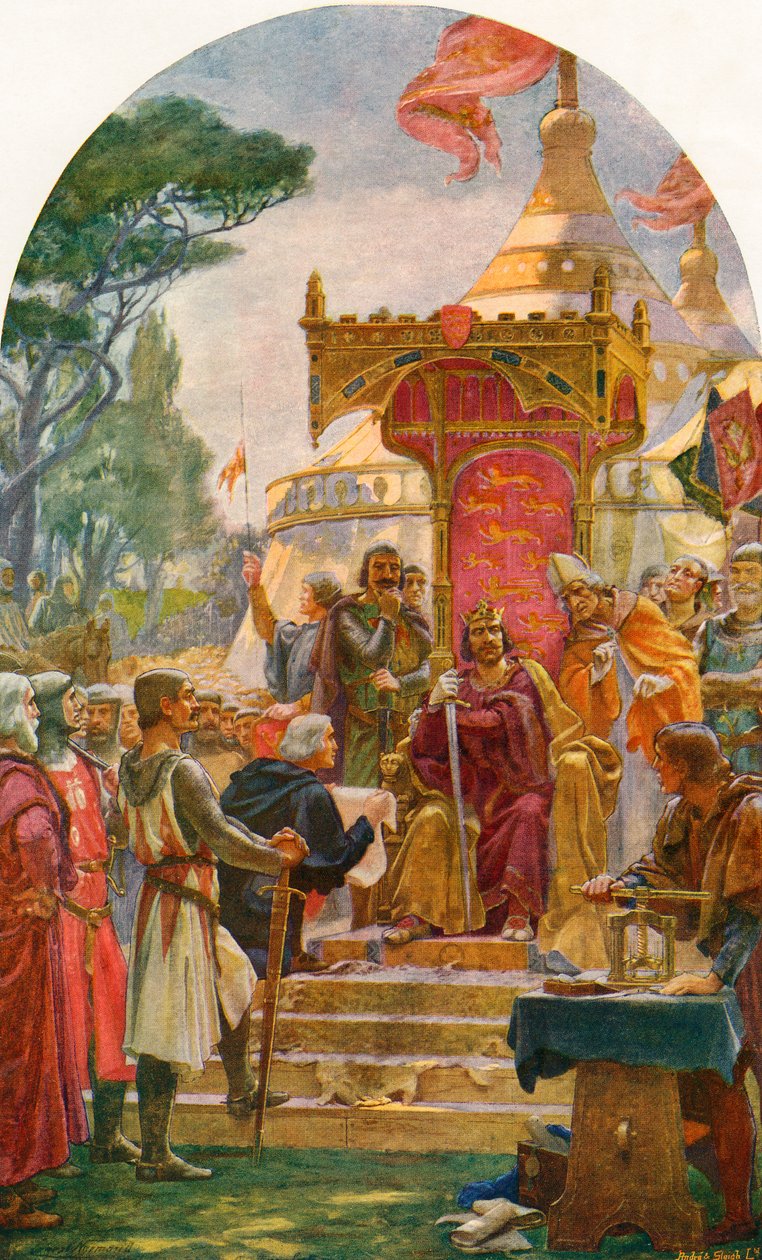 János király megadja a Magna Cartát Runnymede-ben, a Temze partján, Windsor közelében, Angliában, 1215. június 15-én. Cassell Anglia történelméből, megjelent 1901 körül. alkotó: Ernest Normand