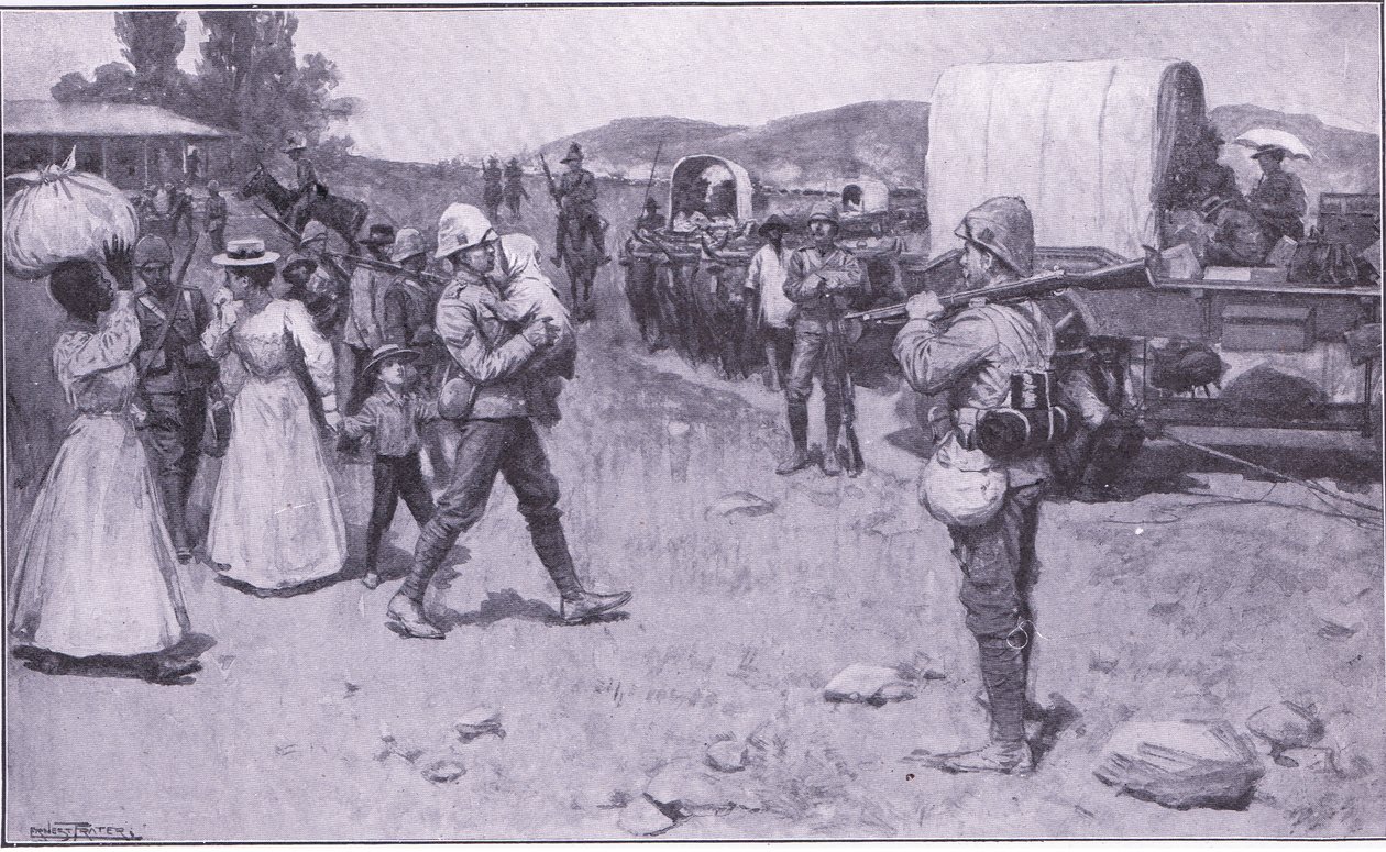 Brit katonák segítik a búr menekülteket, illusztráció: Pretoria után: A gerillaháború, 1902 alkotó: Ernest Prater