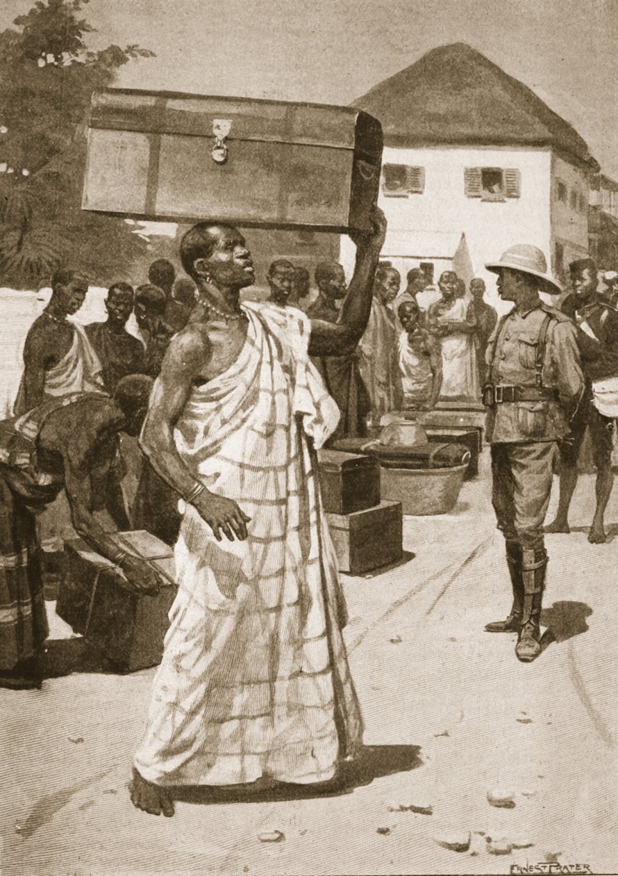 A Cape Coast-i kastélyból induló szállítók Kumassi felé, illusztráció a „Tizenegyedik századi csaták” című kötetből. VII, The Ashanti War of 1900, Archibald Forbes, G.A. Henty és Arthur Griffith őrnagy alkotó: Ernest Prater