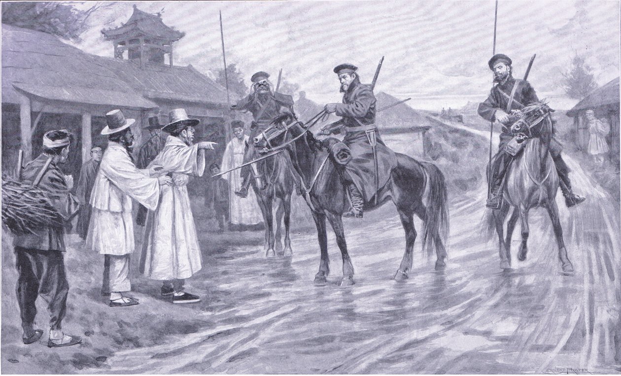 Kozák felderítők információkat gyűjtenek egy koreai fogolytól, illusztráció a Cassells History of the Orosz-Japán háború 1. kötetéből, 1900 körül alkotó: Ernest Prater