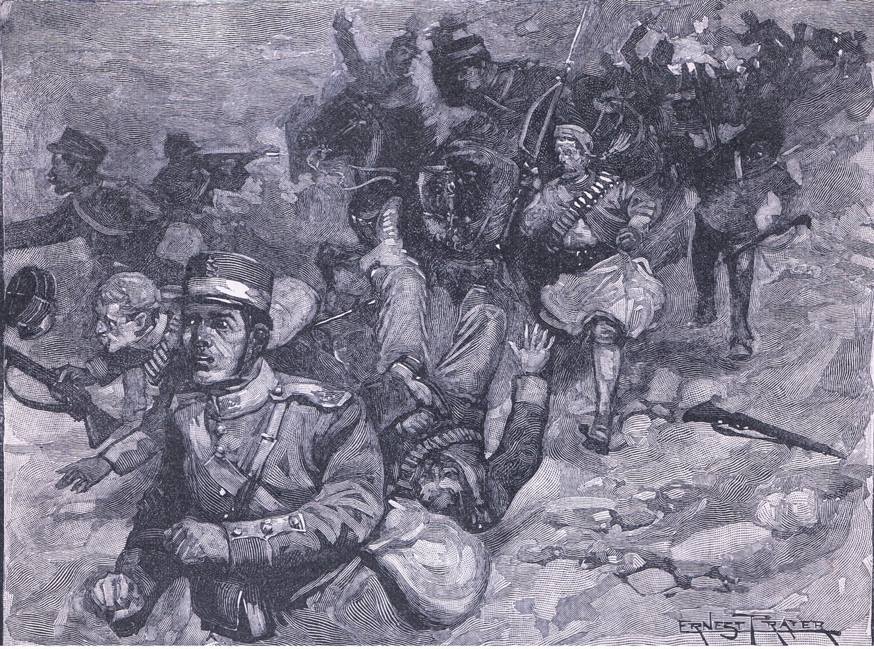 A görögök repülése Larissában, illusztráció Cassells Anglia története, 1900-as évek alkotó: Ernest Prater