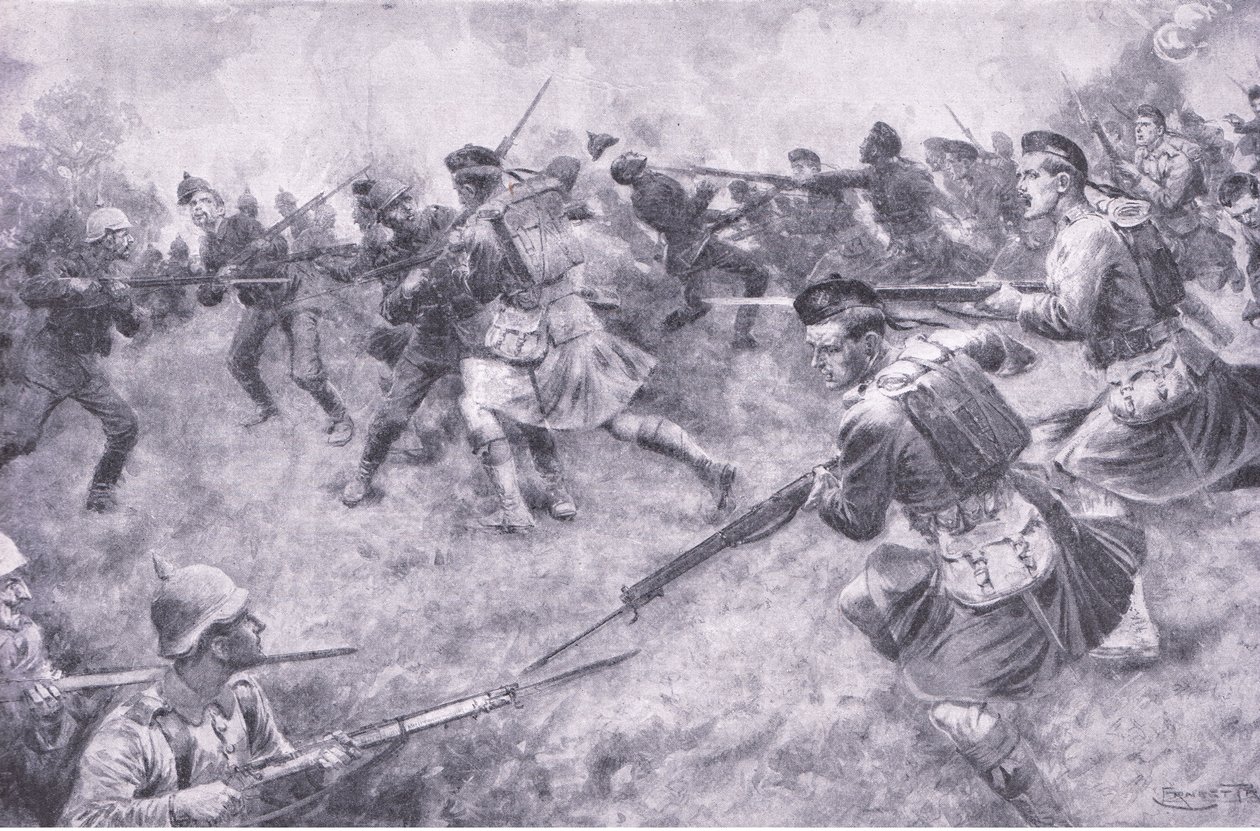 A londoni skótok gáláns vádja, a History of the Great War 3. kötetéből, amelyet a Waverley Book Co Limited adott ki, 1920 körül alkotó: Ernest Prater