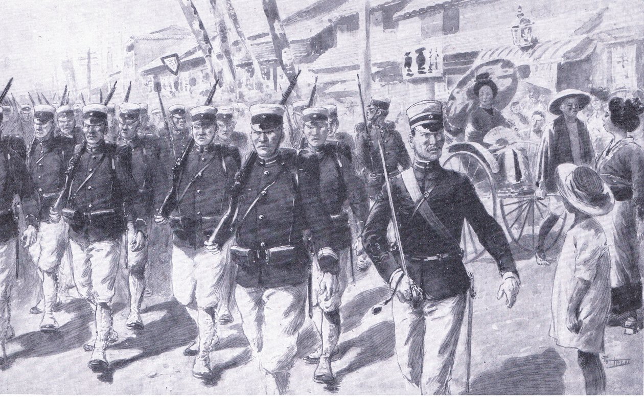 A japánok átvonulnak Tokióban, illusztráció a Cassells History of the Russian-Japanese War 1. kötetből, 1900 körül alkotó: Ernest Prater