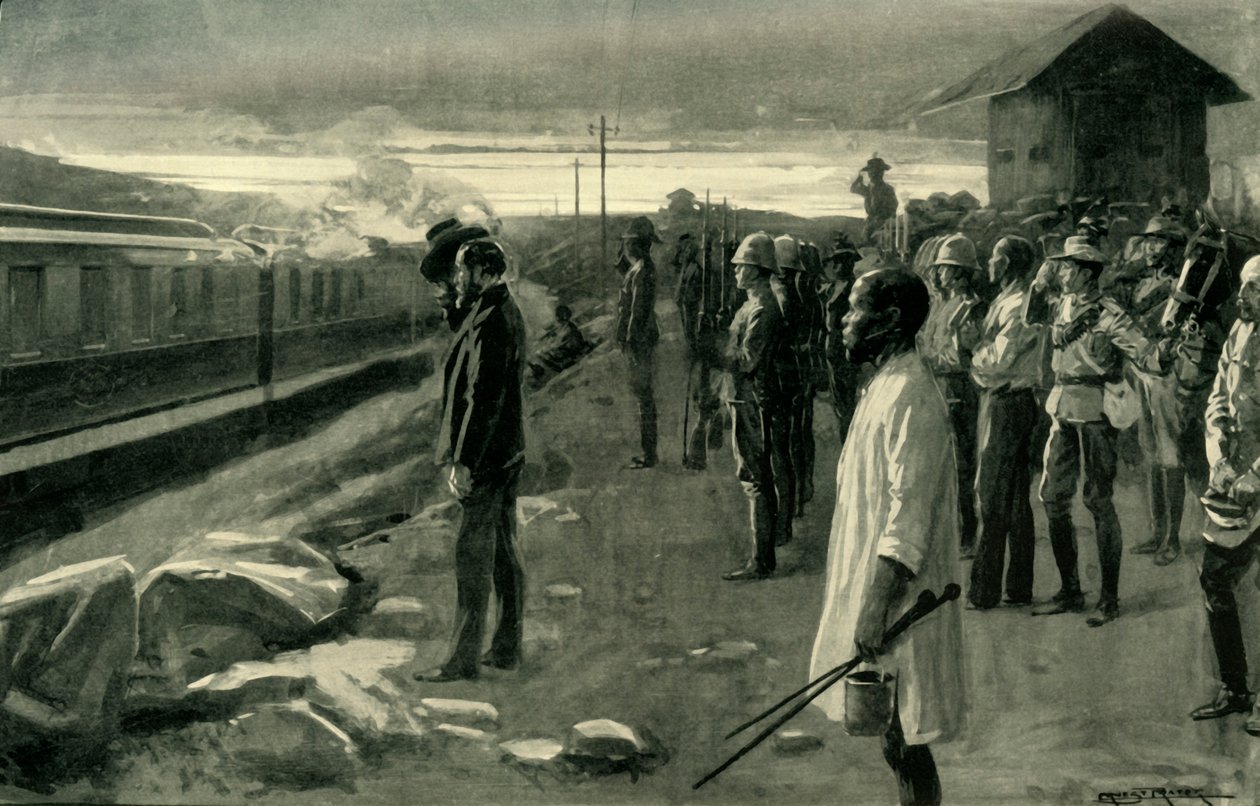 "A vonat, amely Mr. Rhodes földi maradványait szállítja, és a blokkház őrei tisztelegtek", 1902. alkotó: Ernest Prater