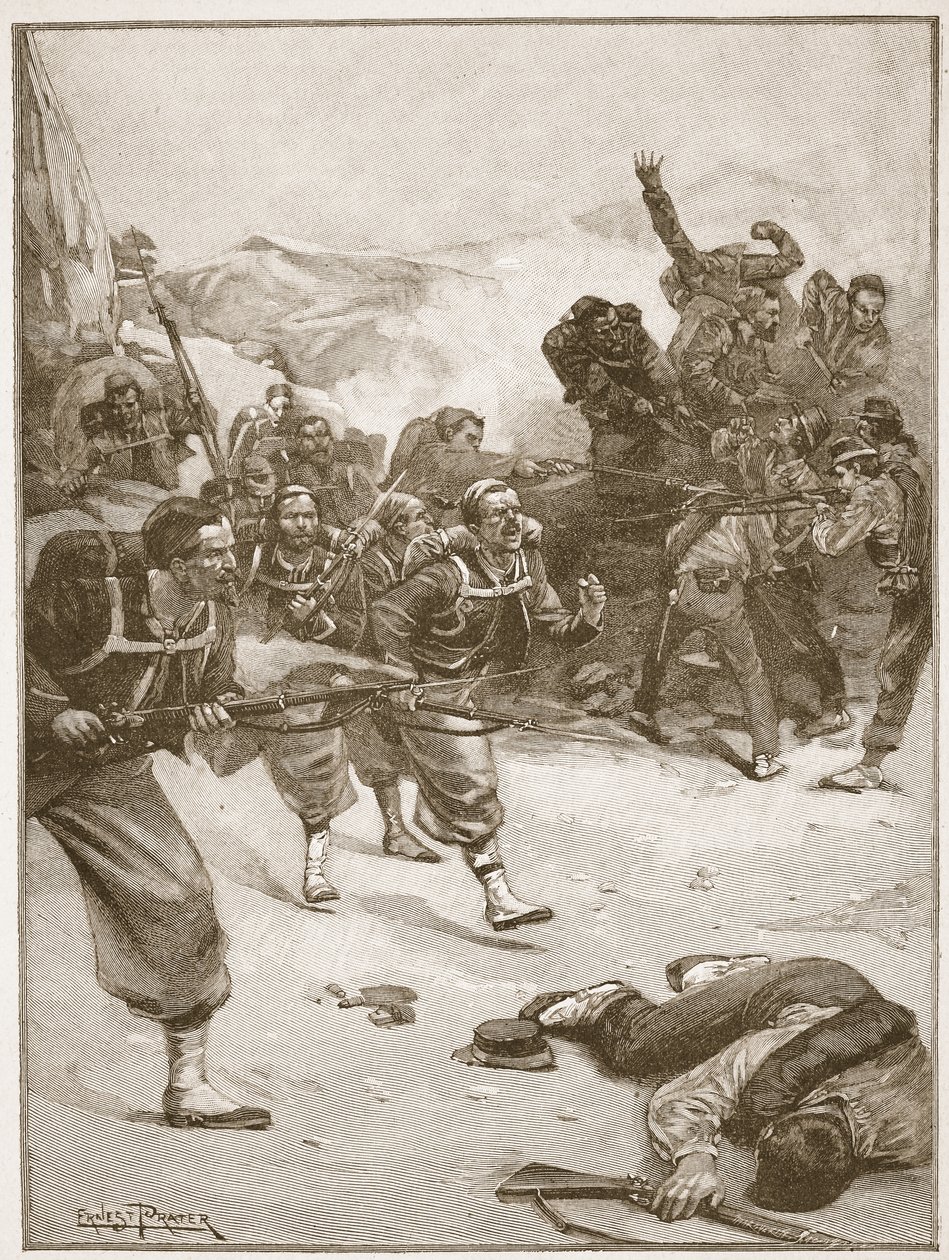 A Zouave-ok egy lendületes szuronyroccsal elfoglalták az egyik barikádot, illusztrációja Archibald Forbes, G.A. „A tizenkilencedik század csatái” című művéből. Henty és Arthur Griffiths őrnagy alkotó: Ernest Prater