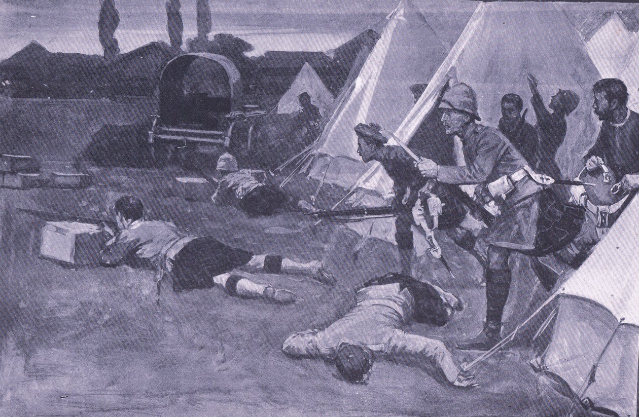 A brit tábor elleni támadás a Jacobsdal piacterén, illusztráció az After Pretoria: The Guerilla War, 1902-ből alkotó: Ernest Prater